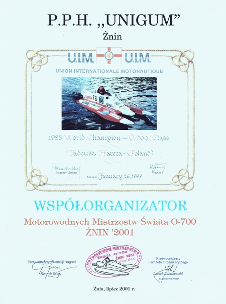 UNIGUM współorganizatorem Motorowodnych Mistrzostw Swiata O-700 Znin 2001
