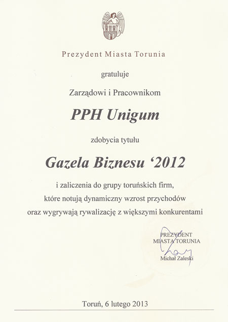 Gratulacje Prezydenta Miasta Torunia za zdobycie tytułu Gazela Biznesu 2012