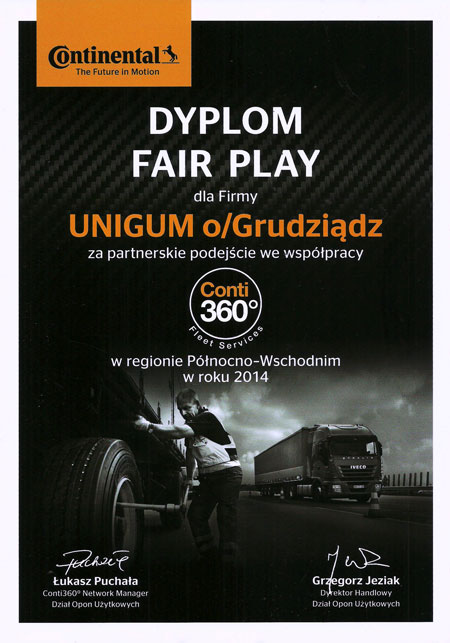 Continental - dyplom Fair Play dla UNIGUM Grudziądz