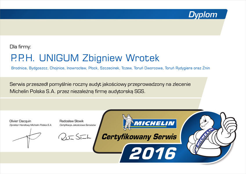Zdobyliśmy certyfikat jakości Michelin - Michelin Certyfikowany Serwis 2016 dyplom