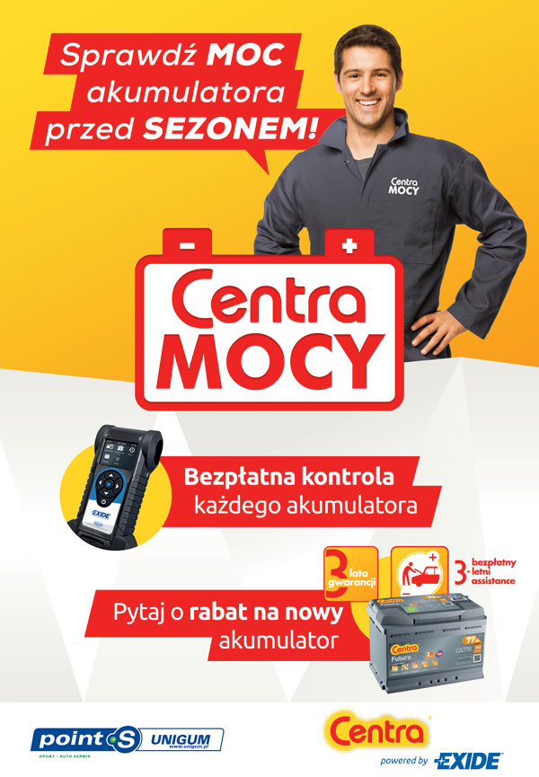 Centra Mocy znów wystartowały! Zapraszamy do serwisów point S UNIGUM. Plakat.