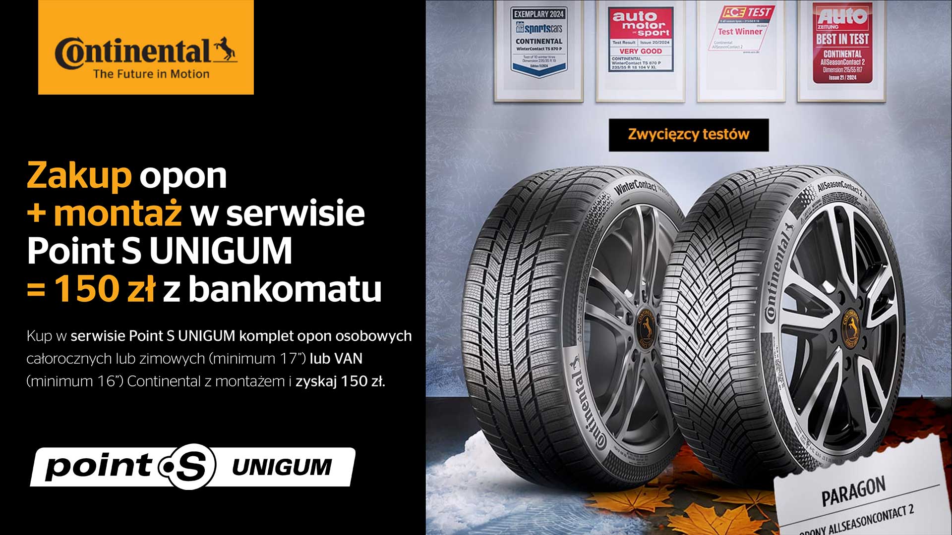 150 PLN za zakup opon Continental z montażem
