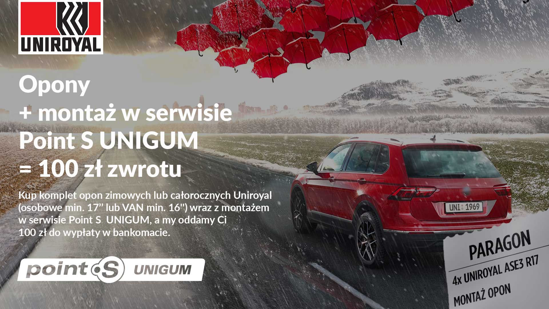100 PLN za zakup opon Uniroyal z montażem