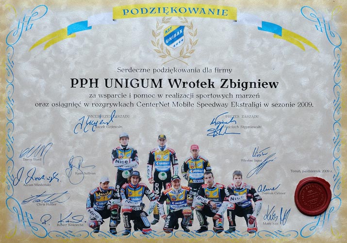 Podziękowanie za wsparcie i pomoc w realizacji sportowych marzeń oraz osiągnieć w rozgrywkach Speedway Extraligi