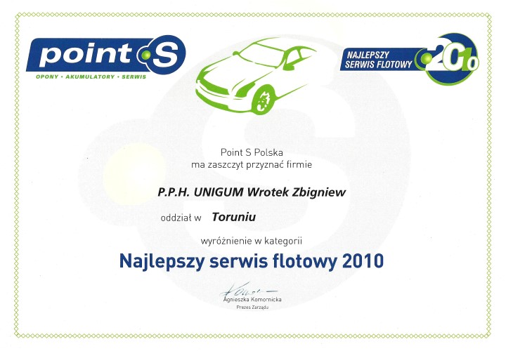 Najlepszy serwis flotowy 2010 - wyróżnienie od Point S