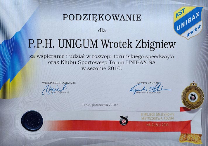 Podziękowanie za wspieranie toruńskiego speedway'a oraz klubu Unibax