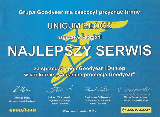 Unigum Płock - Najlepszy serwis w kategorii sprzedaż opon Goodyear i Dunlop