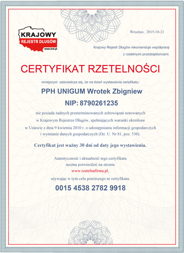 Certyfikat Rzetelności od Krajowego Rejestru Długów