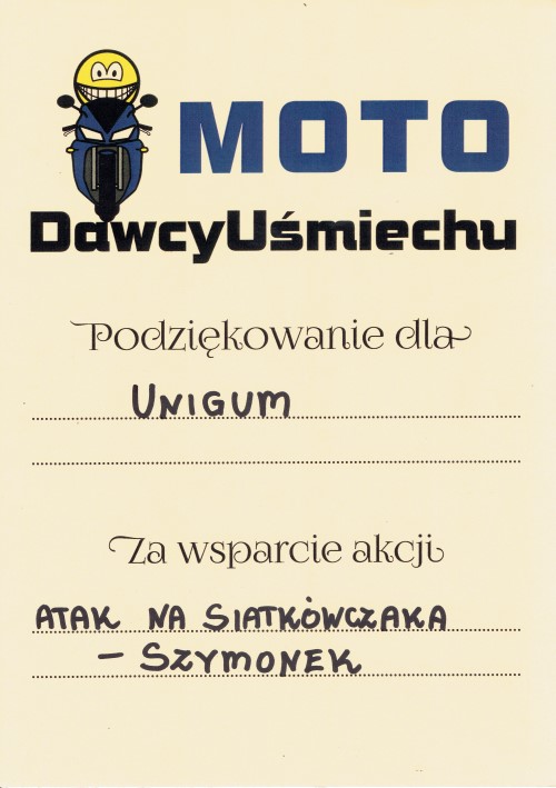 Podziękowanie od Motodawców Uśmiechu za wsparcie Szymonka