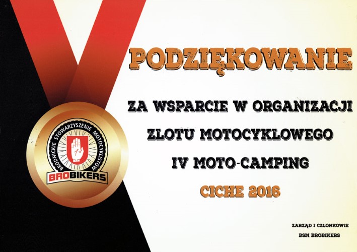 Podziękowanie od Brobikers za wsparcie w organizacji zlotu motocyklowego IV Moto Camping Ciche 2016