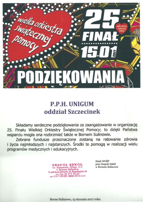 25 Finał Wielkiej Orkiestry Świątecznej Pomocy - podziękowania dla oddziału Point S UNIGUM Szczecinek