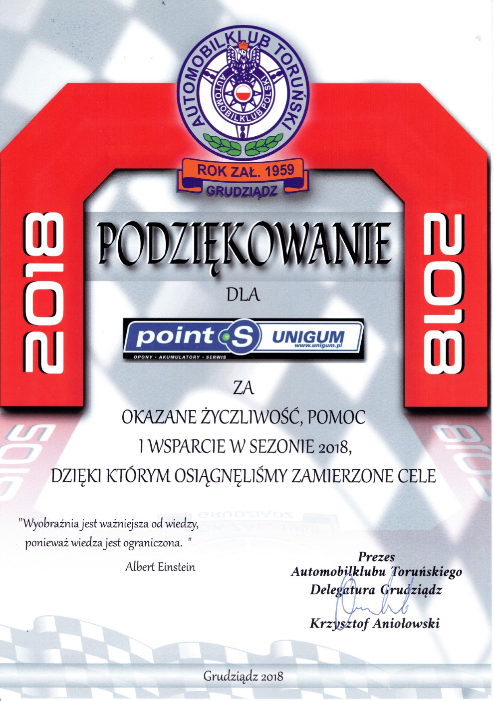 Podziękowanie od Automobilklubu toruńskiego, delegatura Grudziądz