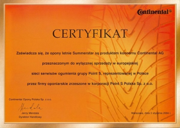 Certyfikat pochodzenia opon Summerstar