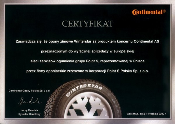 Certyfikat pochodzenia opon Winterstar